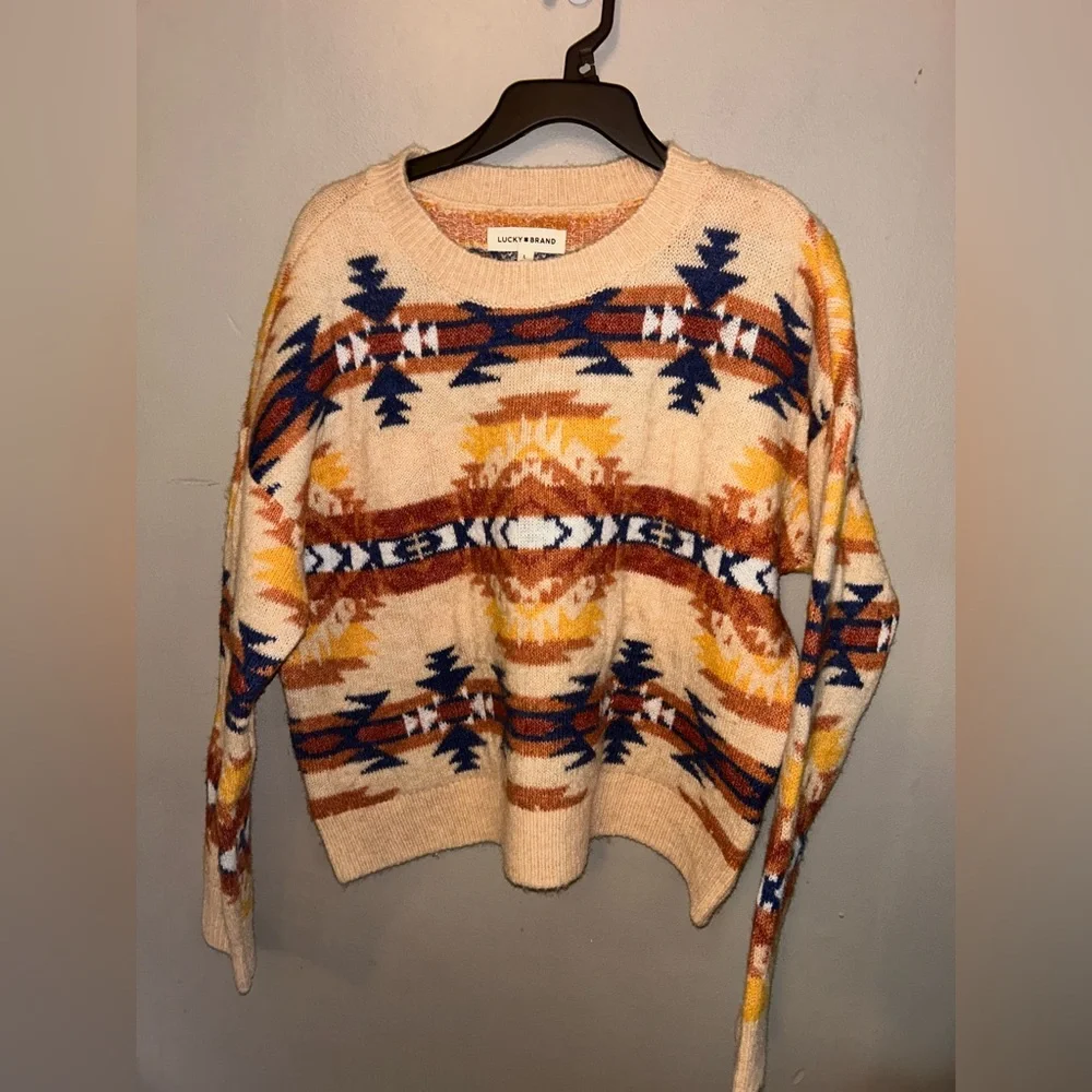 Lucky Brand Aztec Print Cream and Blue Crewneck Sweater - Picture 4 of 9